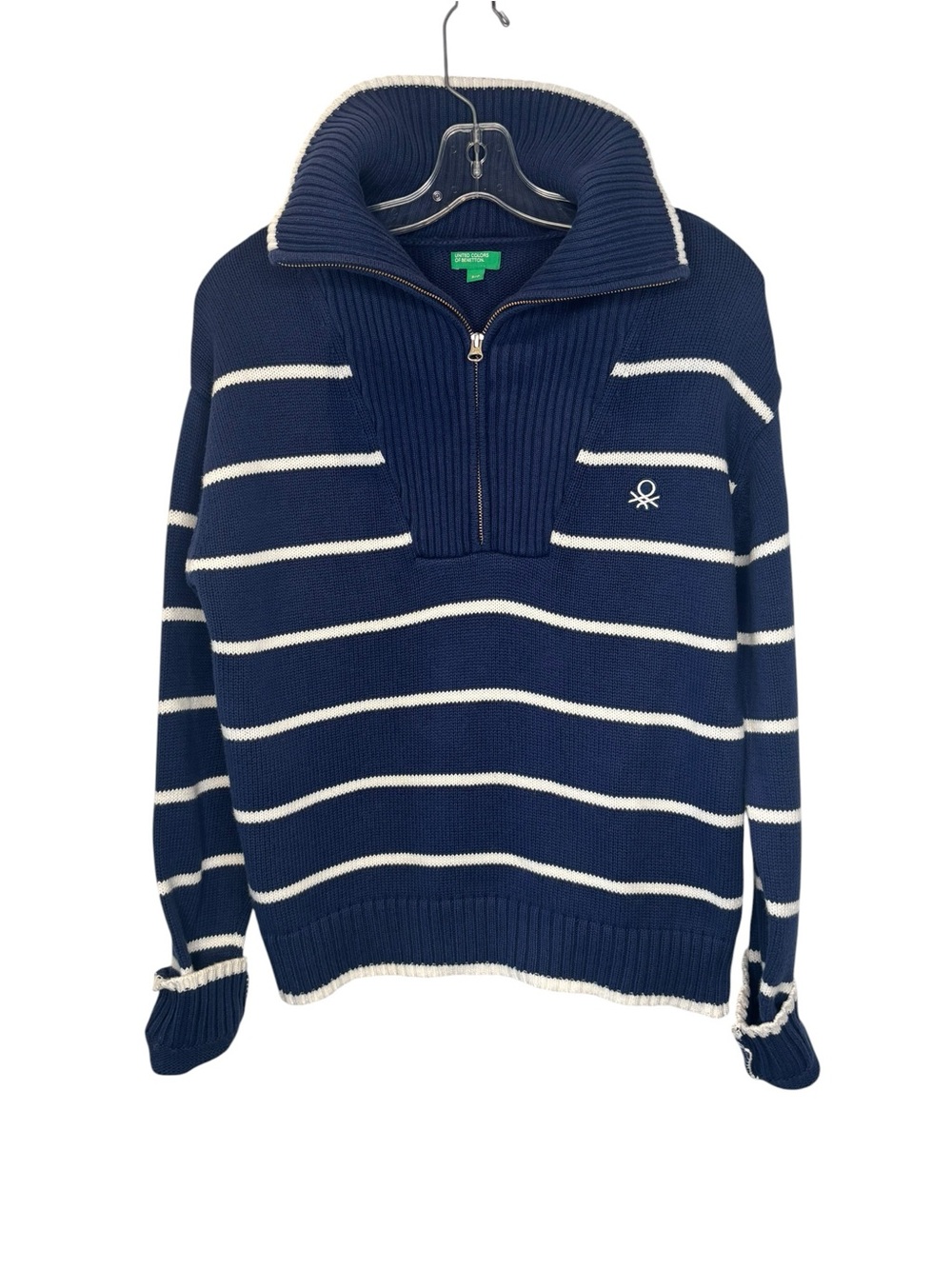 Benetton Navy White Stripe quarter-zip cotton Sweater size Small coastal preppy